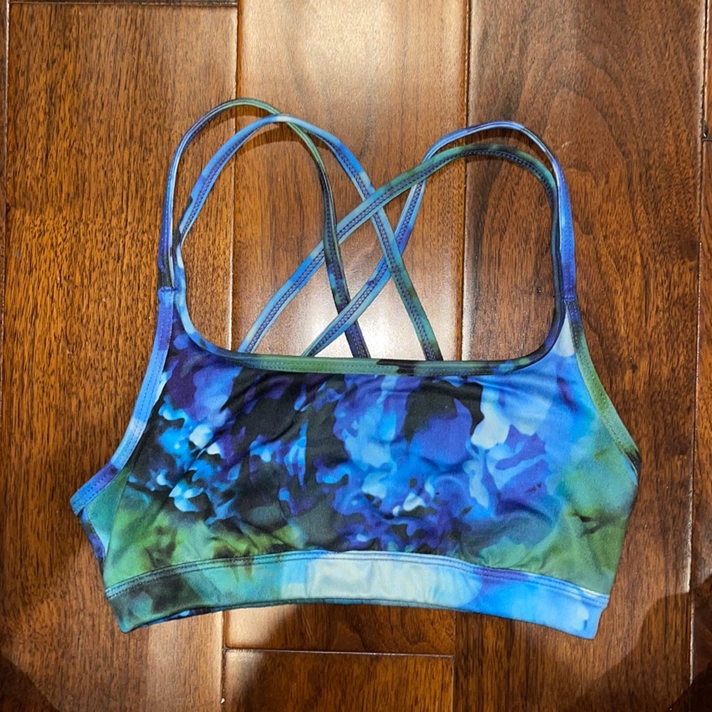 Athleta Fully Focused Sports Bra Blue Green Abstract Floral XXS